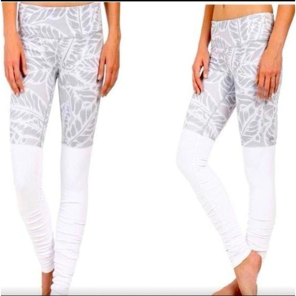 Alo White/Gray Palm Leaf Goddess Leggings, Small‎
